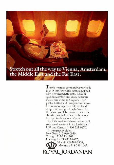 Royal Jordanian Airlines advertisement titled: 'Stretch out', from the year 1988, featuring a fully-reclined first class seat.