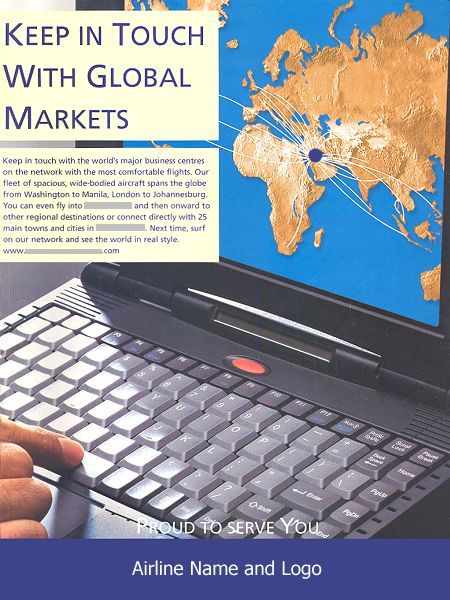__ advertisement titled: 'Keep in Touch with Global Markets', from the year 1999, featuring a laptop computer showing the airline's route map.