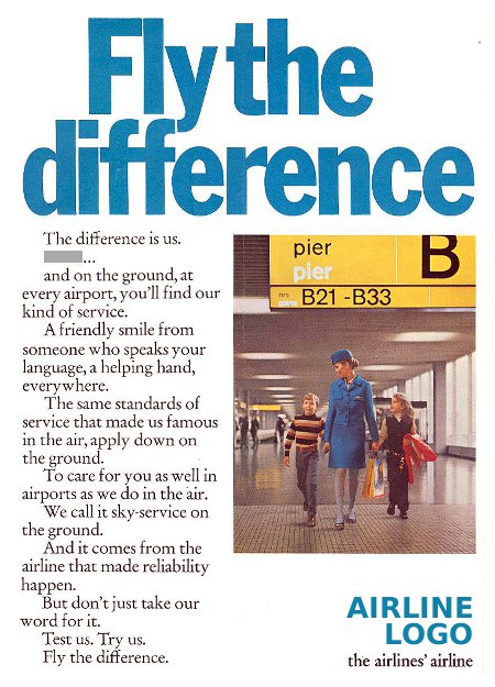 __ advertisement titled 'Fly the difference', featuring a flight attendant walking two children across an airport terminal.