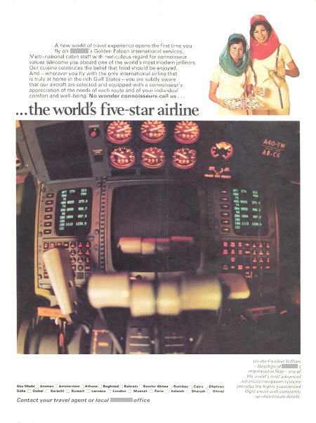 __ advertisement titled '...the world's five-star airline' featuring two flight attendants and an airliner flight deck closeup.
