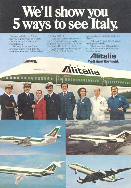 Alitalia advertisement titled 'We'll show you 5 ways to see Italy', featuring crew members standing in front of a Boeing 747.