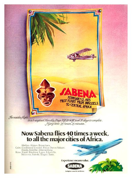 Sabena advertisement titled 'Now, Sabena flies 40 times a week to all the major cities in Africa', featuring an African mask on a vintage aircraft flying above the desert, and a modern DC-10 at the bottom.