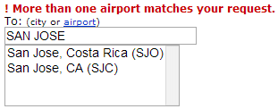 Screen capture of United's website, showing you are one click away from going to the wrong San Jose.